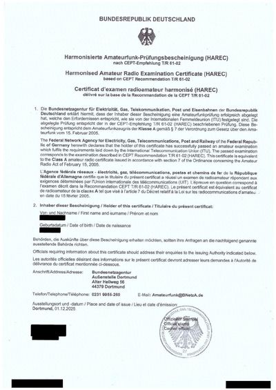 Amateurfunkzeugnis Klasse A - HAREC Prüfungsbescheinigung der Bundesnetzagentur