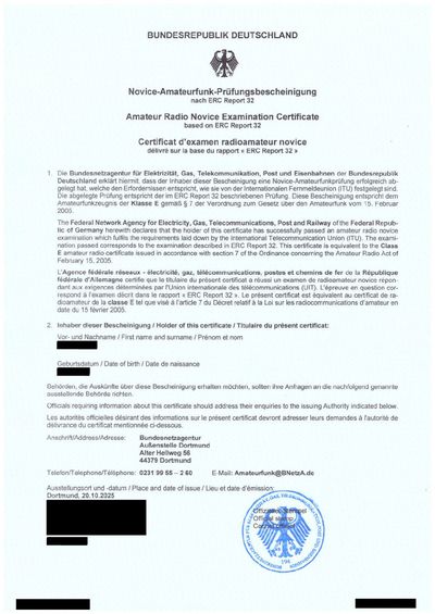Amateurfunkzeugnis Klasse E - CEPT Novice Prüfungsbescheinigung der Bundesnetzagentur