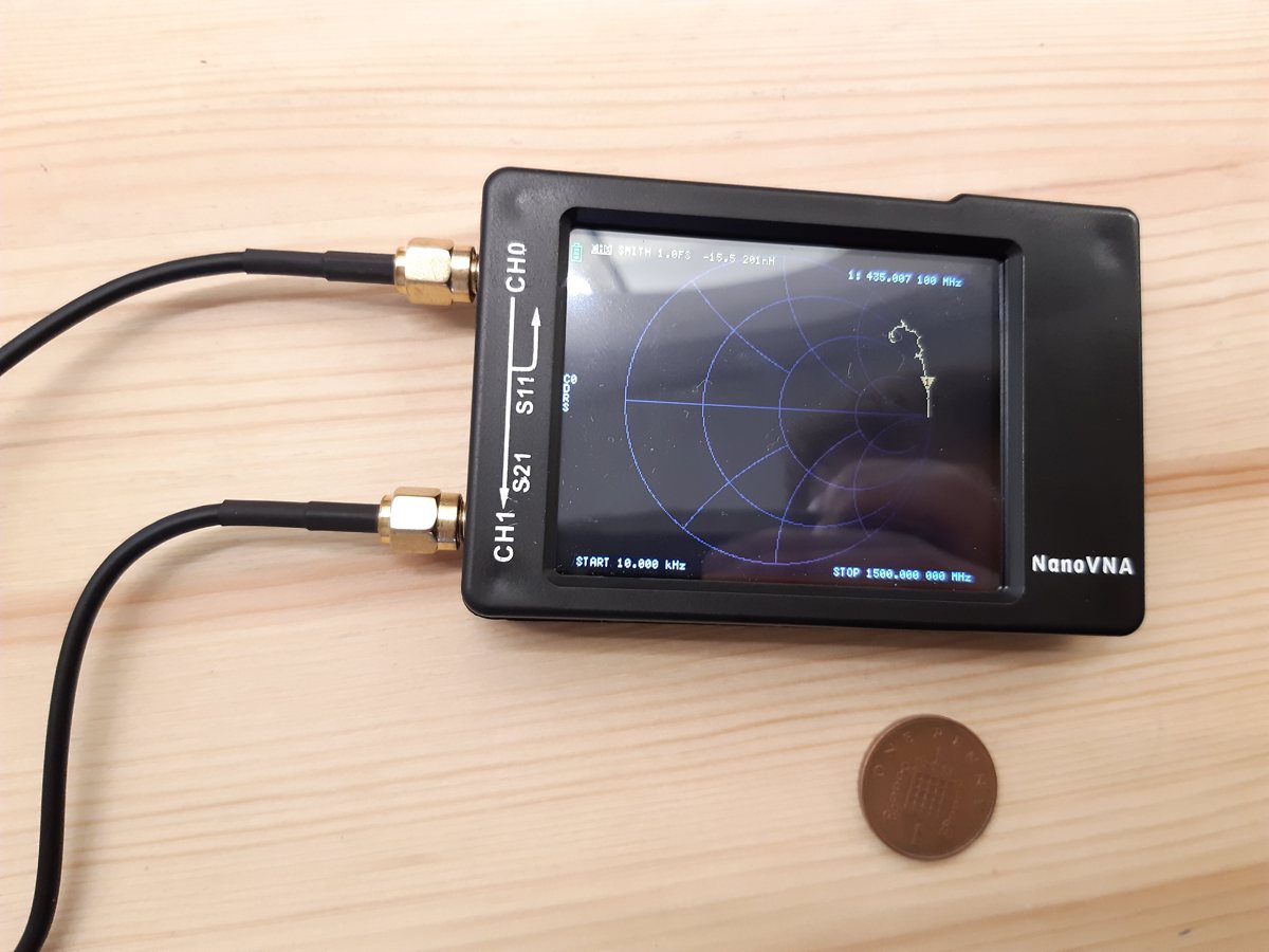 Schwarzer NanoVNA mit 2,8-Zoll-Display auf einer Holzplatte, an den Buchsen CH0 und CH1 zwei schwarze SMA-Kabel, auf dem Display ein Smith-Diagramm mit Messkurve, daneben eine Penny-Münze als Größenvergleich
