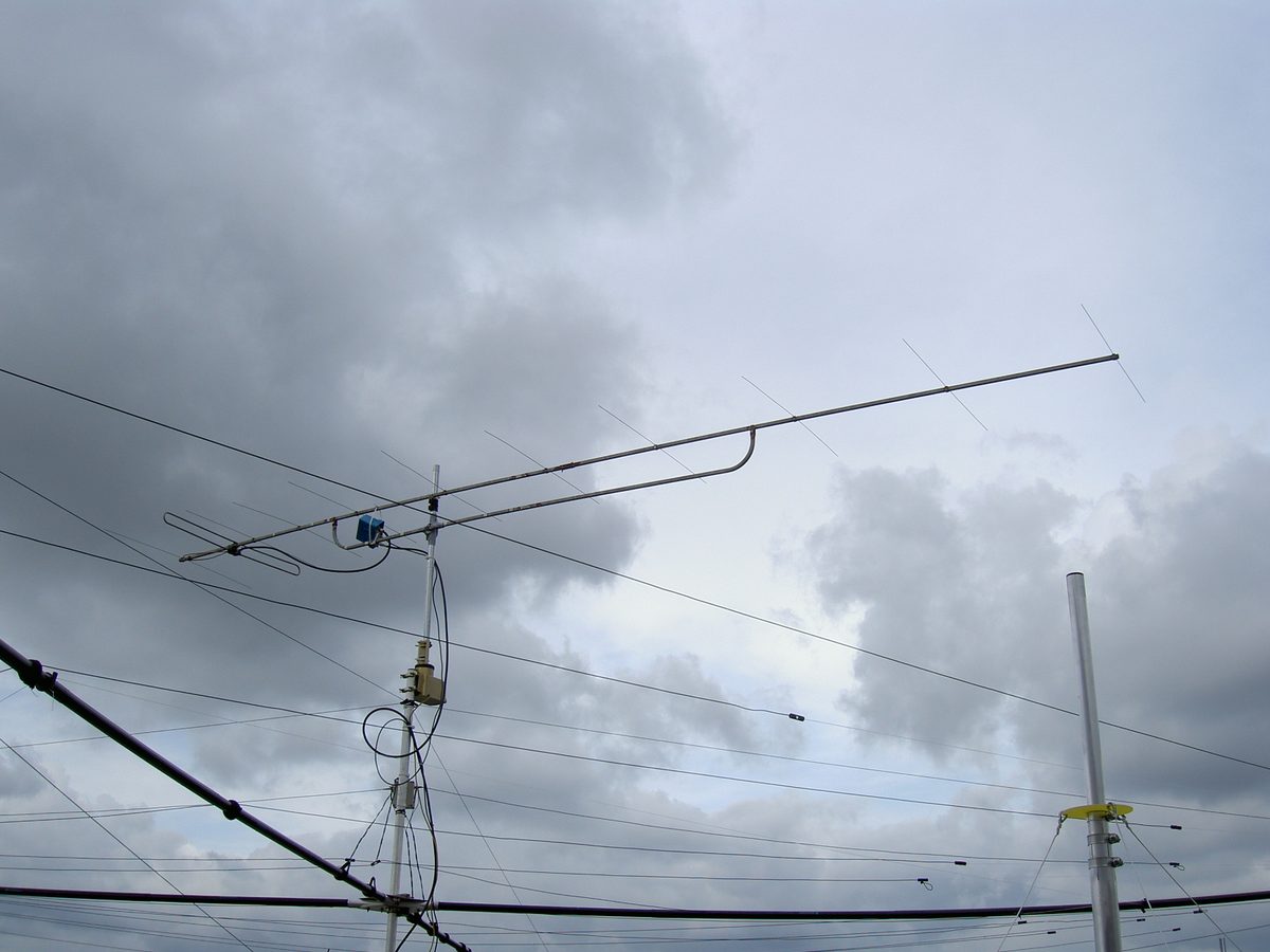 Lange Yagi-Antenne mit vielen Elementen auf einem waagerechten Tragrohr vor bewölktem Himmel, links der gefaltete Strahler, dahinter die Direktoren