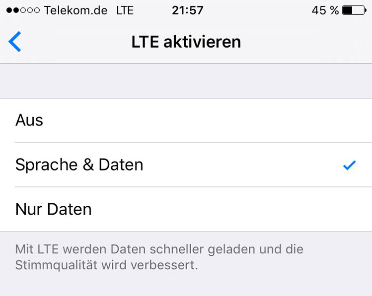iOS-Einstellung LTE aktivieren mit den drei Optionen Aus, Sprache und Daten, Nur Daten, der Haken steht bei Sprache und Daten
