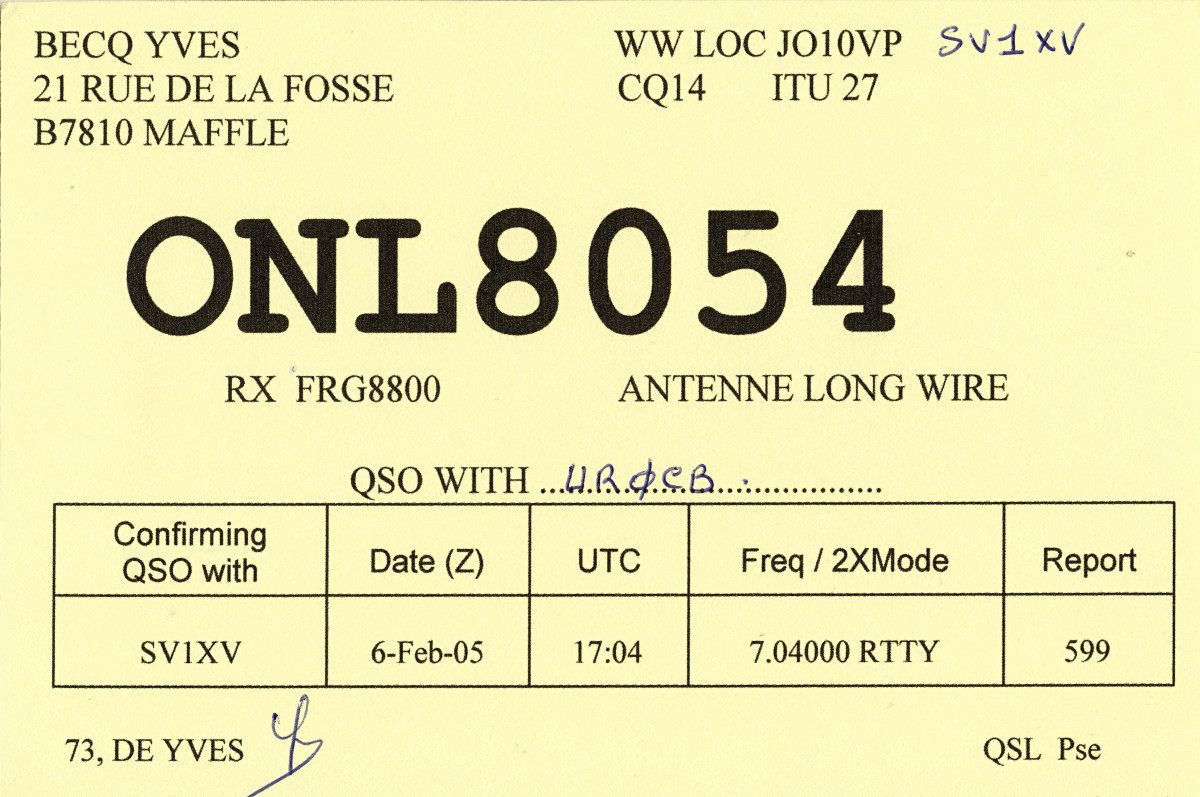 Gelbe QSL-Karte des Kurzwellenhörers ONL8054 aus Belgien mit handschriftlichem Empfangsbericht für die Station SV1XV auf 7,040 MHz in RTTY